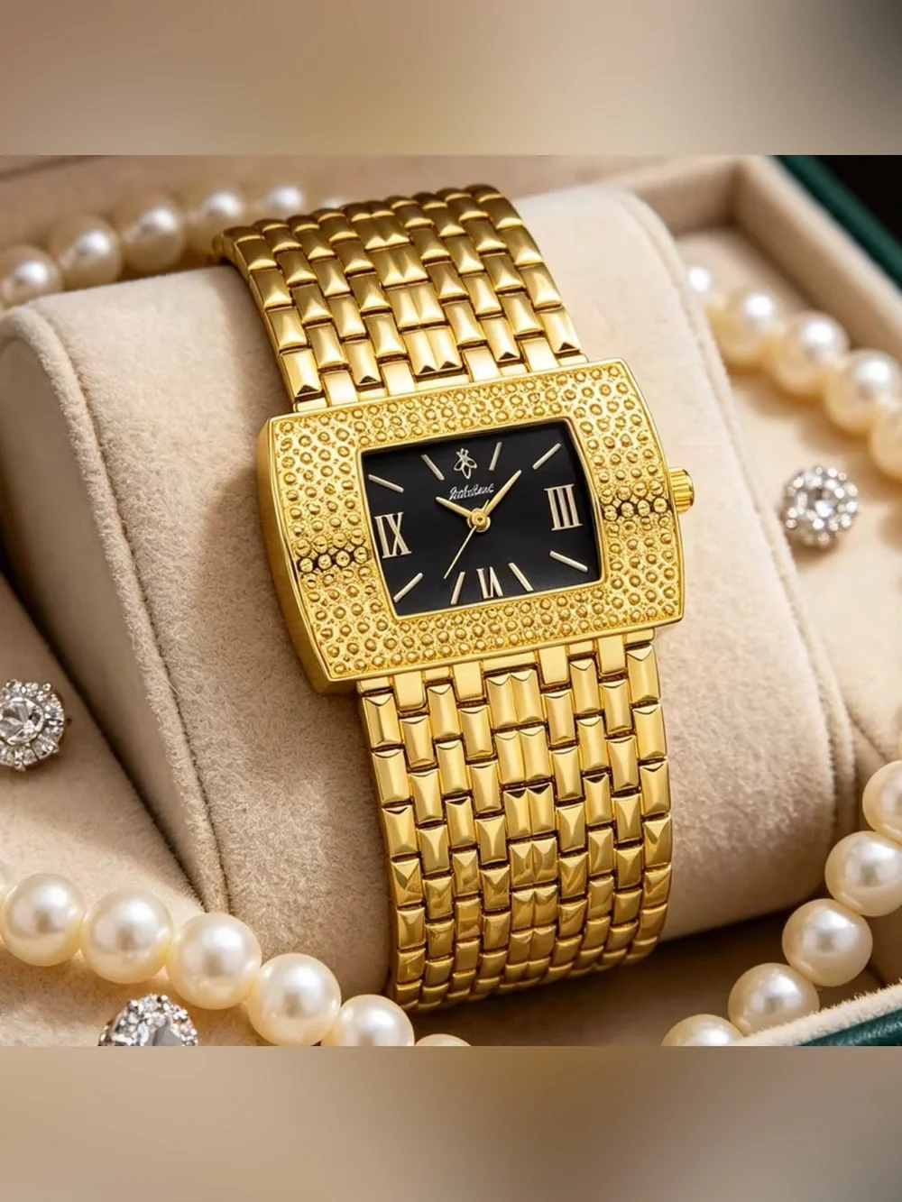 YaLaLuSi Gold Tone Rectangular Rhinestones Bracelet Watch with Black Dial